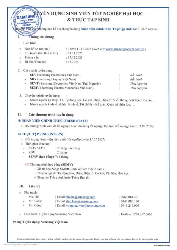 Thông báo tuyển dụng, thực tập, học bổng của Công ty TNHH Samsung Electronics Việt Nam Thái Nguyên - Đợt 2 năm 2025