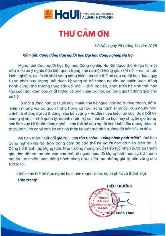 Cảm ơn Cộng đồng Cựu người học Đại học Công nghiệp Hà Nội